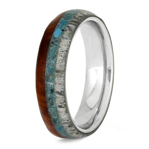 Crushed Turquoise, Deer Antler, Amboyna Wood, 4.5mm Titanium Comfort-Fit Band, Size 11