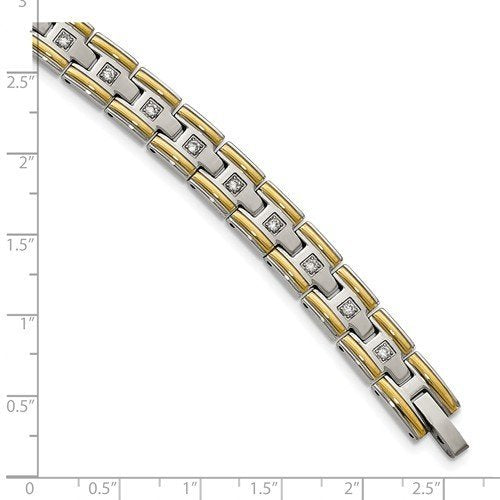 Men's Polished Stainless Steel Yellow IP CZ Link Bracelet, 8.50"