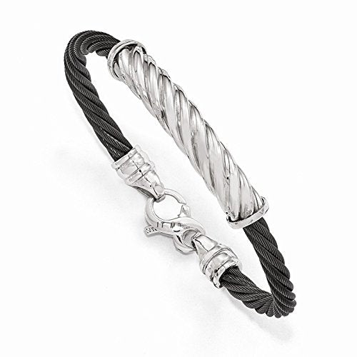 Men's Tango Collection Black Titanium Memory Cable and Sterling Silver Bracelet, 7.25"