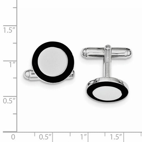 Rhodium-Plated Sterling Silver and Black Enamel Round Cuff Links, 15MM