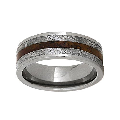 Gibeon Meteorite, Petrified Wood 8mm Comfort-Fit Titanium Ring, Size 12