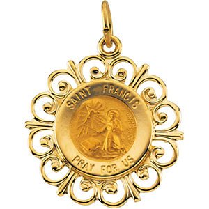 Rhodium Plated 14k Yellow Gold St. Francis of Assisi Medal (18.5 MM)