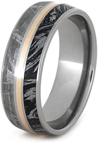 The Men's Jewelry Store (Unisex Jewelry) Gibeon Meteorite, Black and White Mokume Gane, 14k Yellow Gold 8mm Titanium Comfort-Fit Ring, Size 5