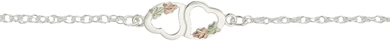 Two Hearts Ankle Bracelet Sterling Silver, 12k Green and Rose Gold Black Hills Gold, 10"