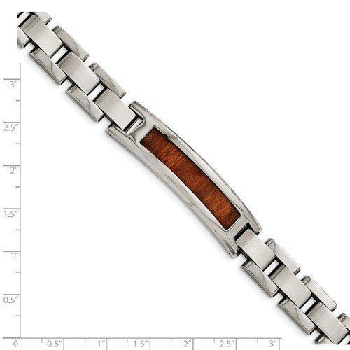 Men's Polished and Brushed Stainless Steel 13mm Orange Wood Inlay Enameled ID Bracelet, 8.5"