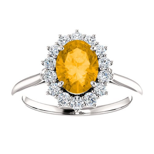 Citrine and Diamond Halo 14k White OR Yellow Gold Ring, Size 7
