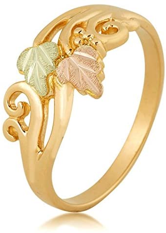 Scrollwork Slim Profile Ring, 10k Yellow Gold, 12k Green and Rose Gold Black Hills Gold Motif, Size 9.5