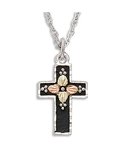 Boys Black Cross Pendant Necklace, Sterling Silver, 12k Green and Rose Gold Black Hills Gold Motif, 18''