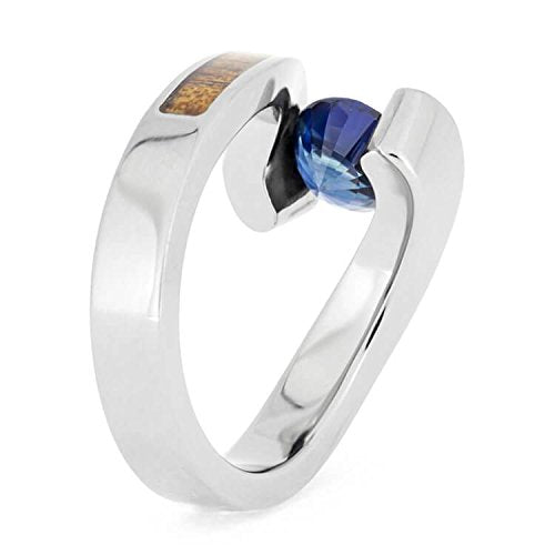 Blue Sapphire, Koa Wood 10mm Titanium Comfort-Fit Engagement Wedding Ring