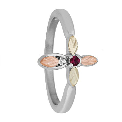 Created Ruby Cross Ring, Sterling Silver, 12k Green and Rose Gold Black Hills Gold Motif
