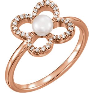 White Freshwater Cultured Pearl, Diamond Clover Ring, 14k Rose Gold (4.00-4.50mm)(.16 Ctw, Color G-H, Clarity I1)