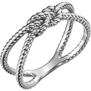 Platinum Love Knot Rope Trim Crisscross Ring, Size 6.75