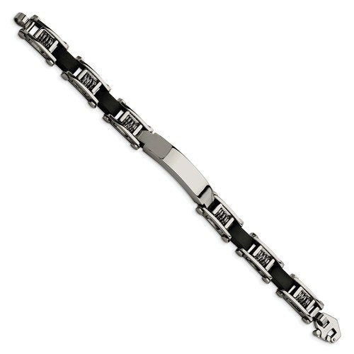 Men's Polished Stainless Steel 10mm Black Rubber ID Bracelet, 8.5"