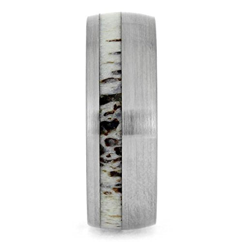 Deer Antler, Brushed Titanium 8mm Comfort-Fit Oak Wood Sleeve Wedding Ring