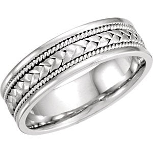 6.75mm 14k White Gold Hand Woven Braid and Rope Trim Comfort Fit Ring, Size 5.5