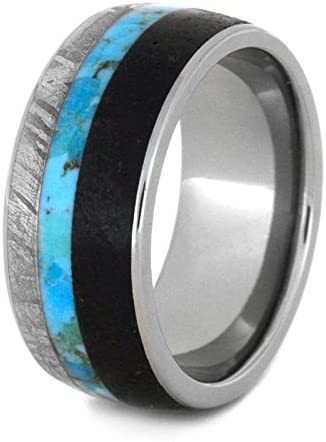 Turquoise, Dinosaur Bone, Gibeon Meteorite 10mm Comfort-Fit Titanium Wedding Ring, Size 11