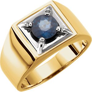 Men's Blue Sapphire Flat Top Ring, 14k Yellow Gold and Rhodium-Plated 14k White Gold