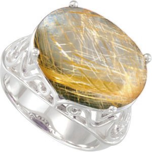 Rutilated Gold Quartz Ring, Sterling Silver Filigree, Size 10