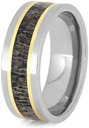 The Men's Jewelry Store (Unisex Jewelry) Deer Antler, 14k Yellow Gold Stripes 8mm Titanium Comfort-Fit Band