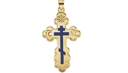 14k Yellow Gold, Blue Orthodox Cross Pendant