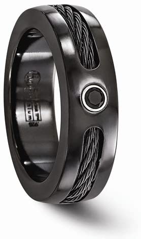 Edward Mirell Black Titanium Cable and Black Spinel with Sterling Silver Bezel 7mm Wedding Band, Size 8.5