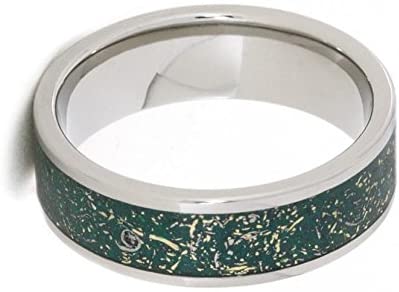 The Men's Jewelry Store (Unisex Jewelry) Green Stardust with Meteorite and 14k Yellow Gold 7mm Comfort-Fit Titanium Ring, Size 10.75