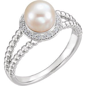 White Freshwater Cultured Pearl Diamond Halo Sterling Silver Ring (7-7.5 MM) (Color G-H, Clarity I1)