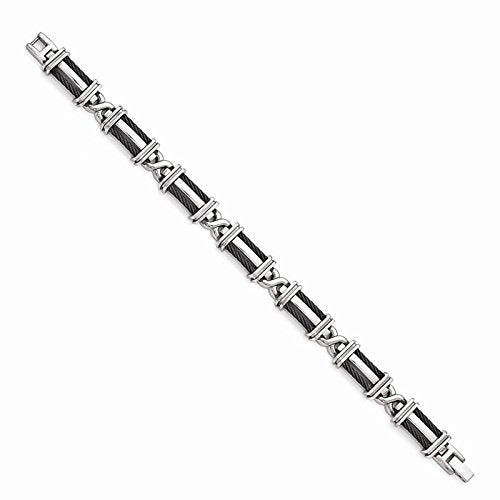 Men's Cable Squared Collection Gray Titanium 10mm Two Row Fold Over Cable Link Bracelet, 8.25"