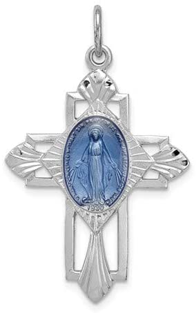 Rhodium-Plated Sterling Silver Miraculous Medal Cross Pendant (36X23MM)