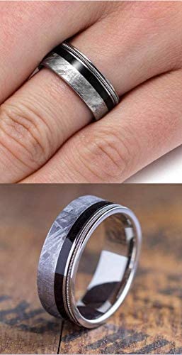 Aquamarine Tension-Set Ring and Ebony Wood, Gibeon Meteorite, Guitar String Titanium Band, HIS Sizes 8 to 11.5, HER Sizes 4 to 9.5
