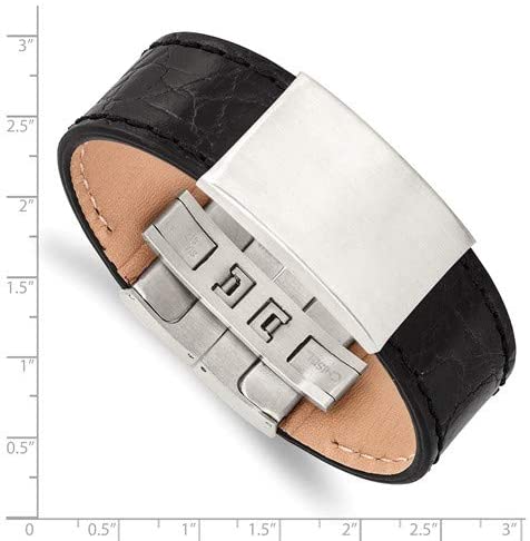 Men's Black Leather Brushed Stainless Steel ID Buckle-Clasp Bracelet, 8.5 Inches