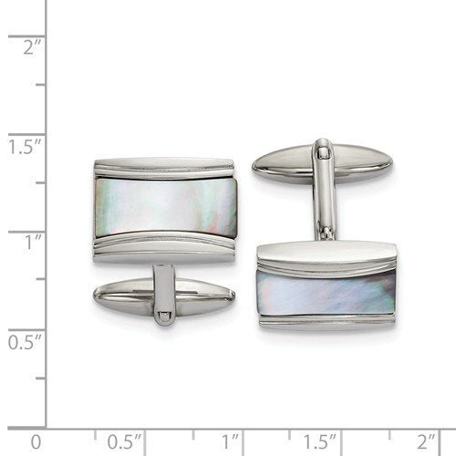 Stainless Steel Polished Mother Of Pearl Rectangle Cuff Links, 22.58MMX19.19MM