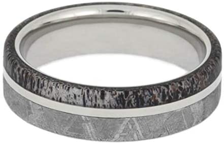 Gibeon Meteorite Sterling Silver Ring, Meteorite and Antler Comfort-Fit Titanium Band, Couples Wedding Rings Sizes M8-F7