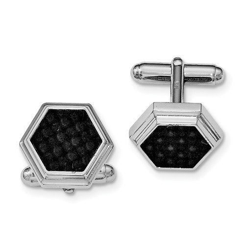 Rhodium-Plated Sterling Silver, Black Carbon Fiber Hexagon Cuff Links