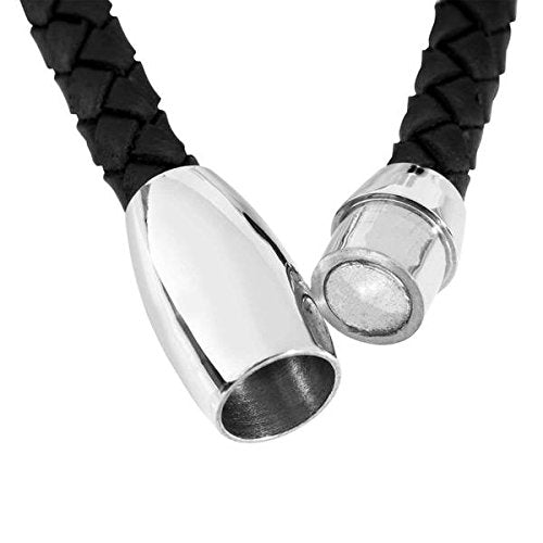 Men's Bead and Ion Plating Black Leather Bracelet, Stainless Steel, 8.5"