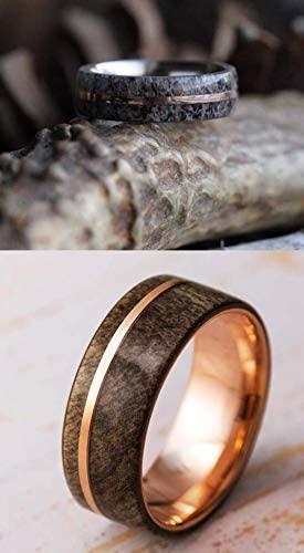 His and Hers 14k Rose Gold Buckeye Burl Wood Band and Deer Antler, 14k Rose Gold Titanium Band Sizes M12.5-F7