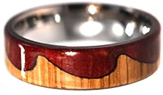 Two Tone Wood Design, Oak, Redwood 7.5mm Comfort Fit Titanium Wave Ring, Size 8.25