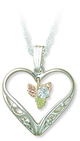 Created White Sapphire with Heart Necklace, Sterling Silver, 12k Green and Rose Gold Black Hills Gold Motif, 18"