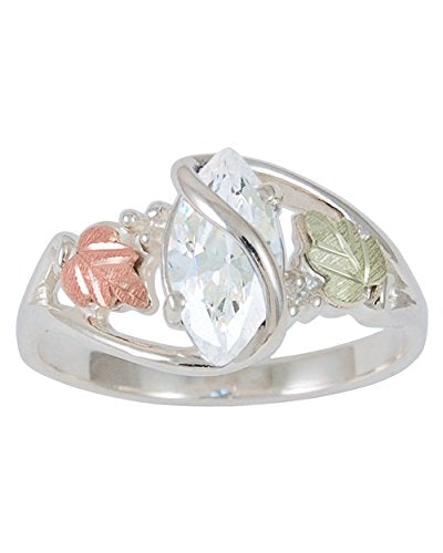 Sterling Silver .90 Ct Faceted White CZ Marquise Ring with 12k Green and Rose Black Hills Gold Motif, Sizes 4, 4.5, 5, 5.5, 6, 6.5, 7, 7.5, 8, 8.5, 9