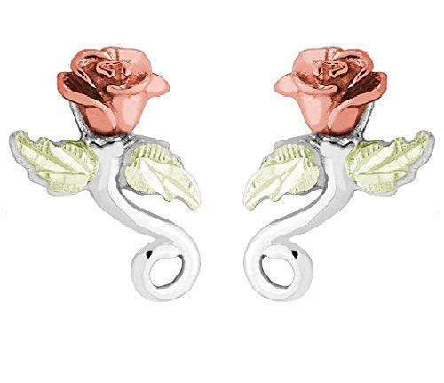 Diamond-Cut Rose Flower Earrings, Sterling Silver, 12k Green and Rose Gold Black Hills Gold Motif