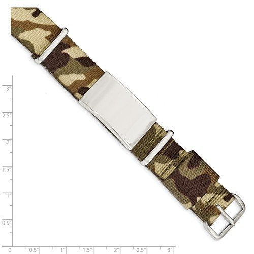 Men's Polished Stainless Steel Brown Camo Fabric Adjustable ID Bracelet, 10"