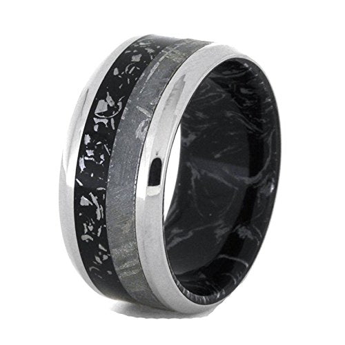 Black Stardust, Gibeon Meteorite, Black and Silver Mokume Gane 10mm Comfort-Fit Titanium Wedding Band, 9.5