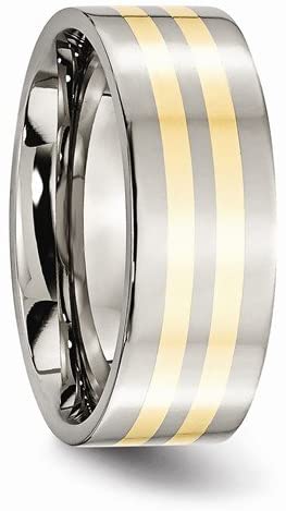 Titanium, Two Stripes 14k Yellow Gold Inlay 8mm Flat Band, Size 7.5