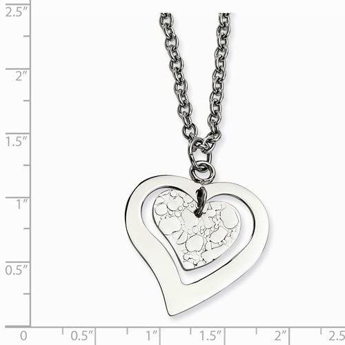 Stainless Steel Textured Heart Pendant Necklace, 18" and 1/2" Extender (35x21MM)