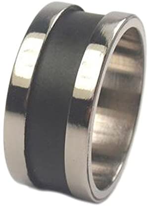 Black Enamel Inlay 8mm Comfort Fit Brushed Titanium Wedding Band, Size 6.25