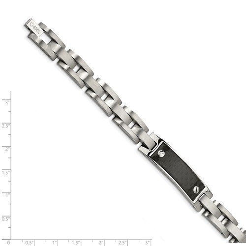 Men's Brushed Stainless Steel 10mm Black Carbon Fiber Inlay ID Link Bracelet, 8.75"