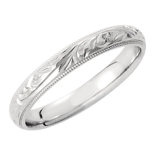 3mm 14k White Gold Hand Engraved Milgrain Dome Band, Sizes 5 to 12