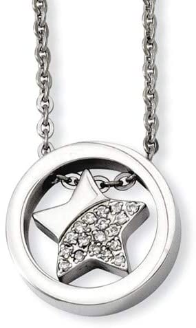 Stainless Steel CZ Star Inside Circle Necklace, 18"