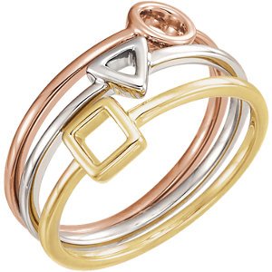 Three Geometric 4.5mm Stackable Rings Set, Rhodium-Plated 14k White Gold, 14k Yellow Gold and 14k Rose Gold, Size 7