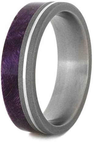 The Men's Jewelry Store (Unisex Jewelry) Purple Box Elder Burl Wood, Grooved Pinstripe 6mm Sandblasted Titanium Comfort-Fit Band, Size 12